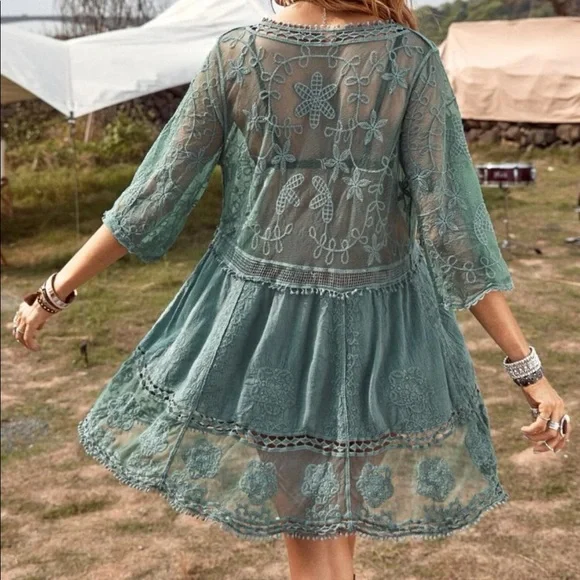 Bohemian Sage Floral Embroidered Beach Cover up Green One Size - Picture 2 of 5